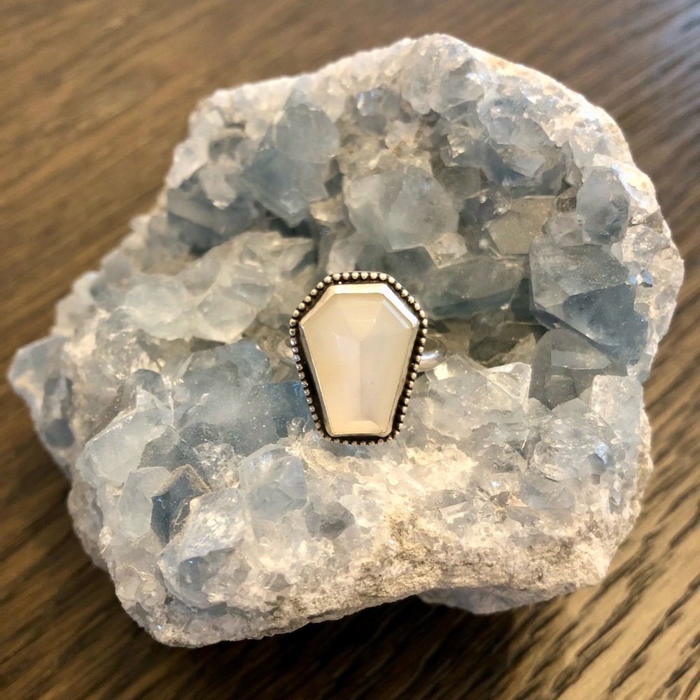 *SOLD* Sterling Silver and White Moonstone Coffin Ring - Size 8